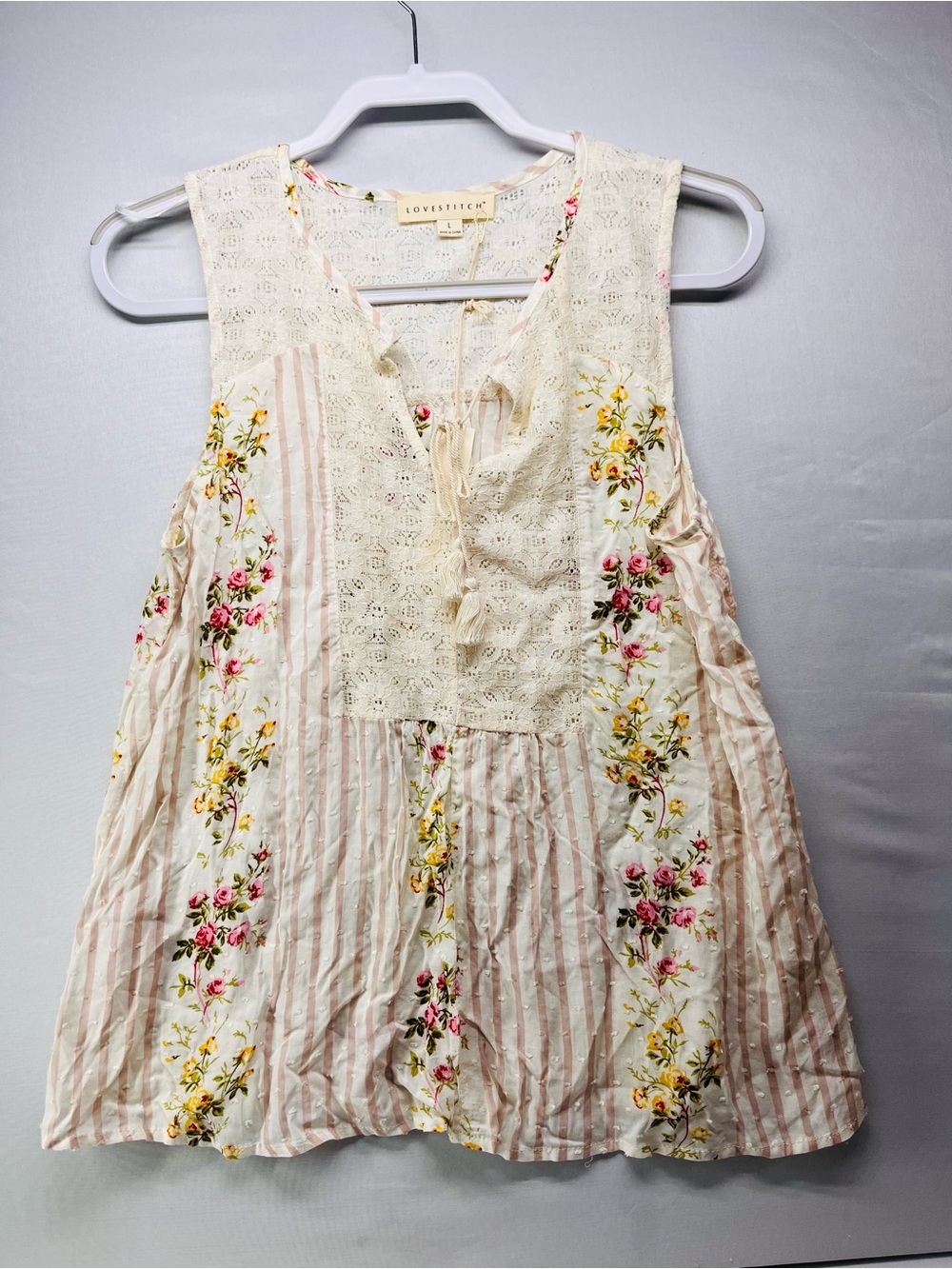 LoveStitch Cottage-core Cream Floral Stripe Bohemian Sleeveless Tunic
